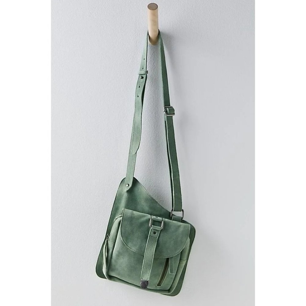 Green Leather Crossbody Bag with Front Flap